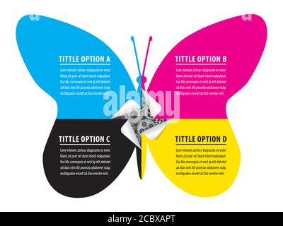 Infografik Konzept drucken Farben Aufkleber Schmetterling. Illustration der Druckfarbe Schmetterling Silhouette, mit Aufklebern und Ausrüstung. Stock Vektor