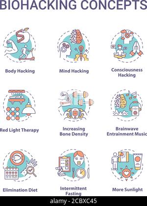 Biohacking Konzept Symbole gesetzt. DIY Biologie, Gesundheit Verbesserung Idee dünne Linie RGB Farbe Illustrationen. Entwicklung der Produktivität von Körper und Geist. Vektor i Stock Vektor