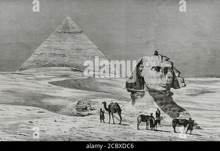 Ägypten, Gizeh. Blick auf die Sphinx und die Pyramide von Khepre, vor den Ausgrabungen unter der Leitung von Auguste Mariette (1821-1881) durchgeführt. Gravur. La Ilustracion Española y Americana, 1881. Stockfoto