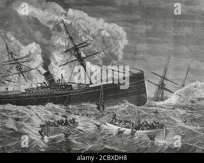 Schiffswrack der Dampfer León (Spanisch) und Harelda (Englisch) in den Gewässern des Biskaya, um 2:00 Uhr am 7. Januar 1881, nach einer Kollision zwischen den beiden Schiffen. Maritime Tragödie mit insgesamt 23 Vermissten. Illustration von Monleón, Gravur von Tomás Carlos Capuz (1834-1899). La Ilustracion Española y Americana, 1881. Stockfoto