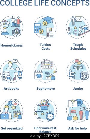 College Life Konzept Symbole gesetzt. Studienkosten. Schwieriger Zeitplan. Zweitwerk, Junior und Senior. Student living Idee dünne Linie RGB-Farbe Illustrationen. Vec Stock Vektor