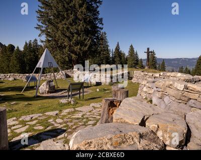 Älggi-Alp in der Gemeinde Sachseln, Obwalden in den Schweizer Alpen. Das geographische Zentrum der Schweiz. Tourismus. Touristenattraktion. Stockfoto