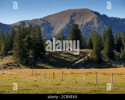 Älggi-Alp in der Gemeinde Sachseln, Obwalden in den Schweizer Alpen. Das geographische Zentrum der Schweiz. Tourismus. Touristenattraktion. Stockfoto