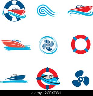 Symbole für Motorboote eingestellt. Set von bunten Symbolen mit Motorbooten und Propellern. Vektor verfügbar. Stock Vektor