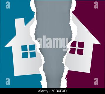 Aufteilung des Grundstückspapierkonzepts. Zerrissenes Papier mit dem Symbol des Hauses, das die Teilung des Eigentums symbolisiert. Vektor verfügbar. Stock Vektor
