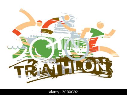 Riathlon-Rennen Zeichen ausdrucksstark stilisiert. Drei Triathlon-Athleten auf dem grunge-Hintergrund mit Aufschrift Triathlon. Vektor verfügbar. Stock Vektor