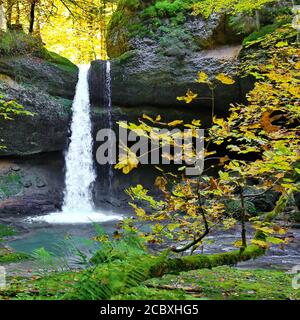 Ein romantischer Wasserfall im Wald von Bayern Stockfoto