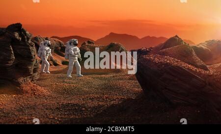 Astronauten auf dem Mars, Weltraumreisende erkunden die rote Landschaft auf der roten Welt Stockfoto