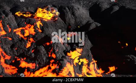 Lavafeld, feurige Magmaflusslandschaft, geschmolzenes Gestein aus nächster Nähe Stockfoto