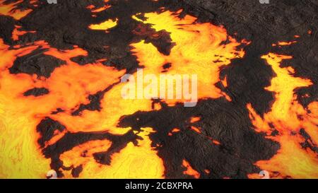 Lavafeld, feurige Magmaflusslandschaft, geschmolzenes Gestein aus nächster Nähe Stockfoto