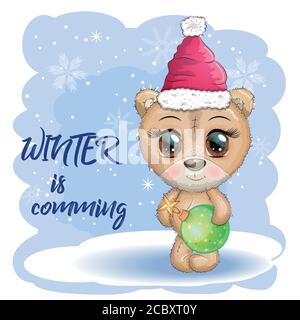 Niedlichen Cartoon-Bär mit großen Augen in einem Weihnachtshut, die Inschrift Winter kommt, Grußkarte, Neujahr Stock Vektor