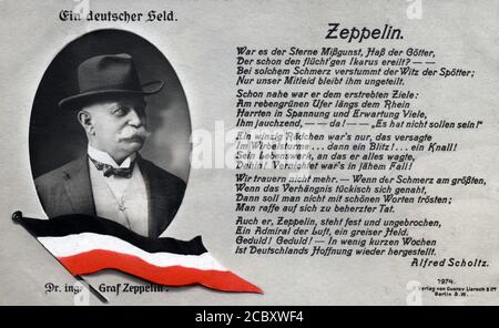 Ein 1908 fotografisches Bild des Grafen Ferdinand von Zeppelin, des deutschen Generals und Gründers der Zeppelin-Luftschiffgesellschaft. Mit dem Titel „ein deutscher Held – Dr. Ing. Graf Zeppelin“ (EIN deutscher Held – Graf Zeppelin). Mit dem Gedicht „Zeppelin“ von Alfred Scholtz Stockfoto