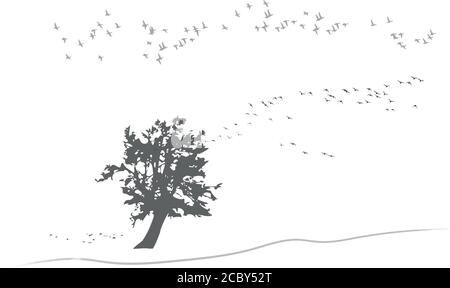 Allein Baum und fliegende Vögel. Vektorbild. Weißer Hintergrund. Stock Vektor