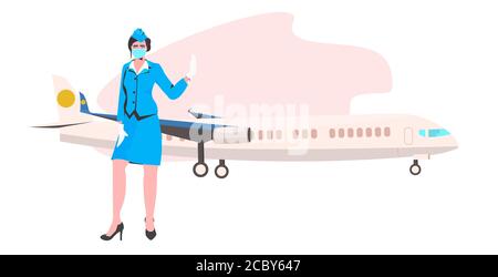 Stewardess in Uniform trägt Gesichtsmaske, um Coronavirus Pandemie zu verhindern Covid-19 Quarantäne Konzept horizontale volle Länge Vektor-Illustration Stock Vektor