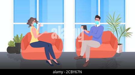 Geschäftsleute in Masken diskutieren während des Meetings Abstand zu halten, um zu verhindern Coronavirus-Epidemie covid-19 Schutz Maßnahmen horizontale volle Länge Vektor-Illustration Stock Vektor