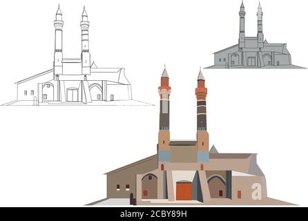 Die Doppel-Minarett-Koranschule wurde 1271 erbaut. Sivas türkei Stock Vektor