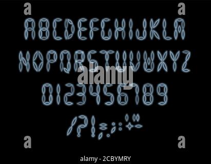 Digitale Schrift für LED-Tafel, Anzeigetafel, Uhrenbrett. Satz für elektronische Anzeige. Infoboard Buchstaben, Zeichen und Zahlen Sammlung auf schwarz Stock Vektor