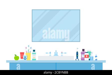 Zahn- und Mundpflegeprodukte auf dem Tisch im Bad Vektorgrafik in flachem Design. Stock Vektor