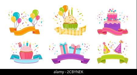 Geburtstagsband flach Set. Cartoon leeres Band Geschenk, Kuchen, Kerze, Geschenkbox, Cupcake. Party Banner Design Elemente, Ballons, Mütze. Vorlage Poster Feier Essen. Isolierte Vektordarstellung Stock Vektor