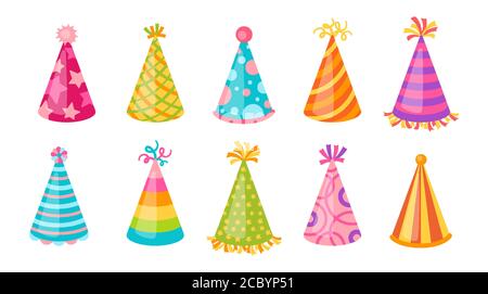 Geburtstag Hut Party Kappe flach set. Cartoon Caps verschiedene Muster, Farben. Traditionelle bunte Kegel Papier Hut Sammlung. Lustige Jubiläum, Feier Karneval. Isolierte Vektordarstellung Stock Vektor