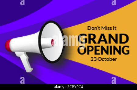 Ankündigung große Eröffnung mit Megaphon Lautsprecher mit gelben und blauen Hintergrund. Flayer Marketing Banner Vorlage für Business re öffnen Ceremon Stock Vektor