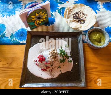 Ein chile en nogada ist ein Gericht aus dem mexikanischen Bundesstaat Puebla. Es wird aus einem Poblano Chili gefüllt mit zerfetztem Fleisch und Huhn, frui Stockfoto