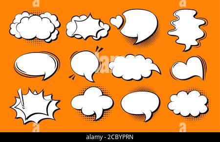 Sprechblase Comic Pop Art Set. Cartoon 80er-90er Retro leer Design Elemente Dialog Wolken mit Halbton Punkt Hintergrund. Rede dachte Blobs Comics Buch, vintage Banner. Vektordarstellung isoliert Stock Vektor