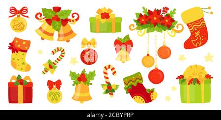 Weihnachten und Neujahr Cartoon-Set. Holly, Glocken Geschenk, Lollipop Kerze, Mistel. Winterurlaub Wohnung Design Dekoration. Neue Jahr Objekte Gruß Sammlung. Isolierte Vektordarstellung Stock Vektor
