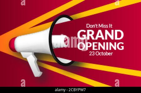 Ankündigung große Eröffnung mit Megaphon Lautsprecher. Flayer Marketing Banner Vorlage für Business wieder öffnen Zeremonie. Text schreien mit rot und gelb Stock Vektor