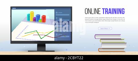Online-Schulungskonzept. Ausbildungsprogramme im Internet. Computermonitor mit Diagrammen und Grafiken. Vektorvorlage, 3d-Illustration Stock Vektor