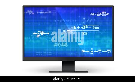 Mathematische Formeln auf blauem Bildschirm des Monitors. Konzept der modernen digitalen Bildung und Wissenschaft. Online-Lernen. Vektor-3d-Illustration. Stock Vektor