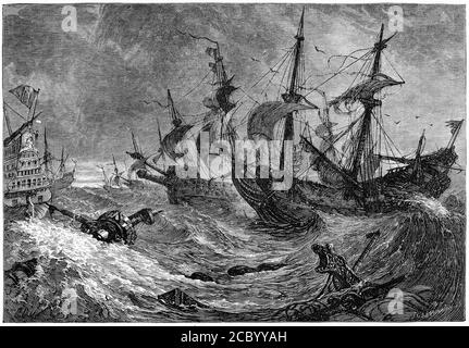 Stich der im Sturm verstreuten spanischen Armada, 1588, Illustration aus der "Geschichte des Protestantismus" von James Aitken Wylie (1808-1890), Pub. 1878 Stockfoto