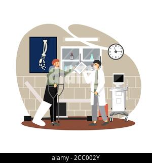 Arzt im Gespräch mit Patienten mit gebrochenem Bein in Cast mit Krücken, Vektor-flache Abbildung Stock Vektor