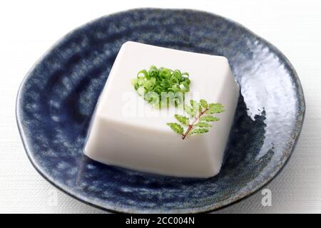 Japanische Küche, japanische weiche kalte Tofu in einer Schüssel auf weißem Hintergrund Stockfoto