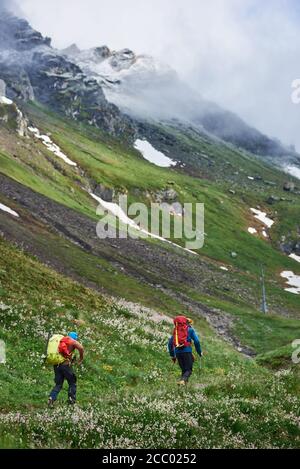 Rückansicht von zwei Mann mit Rucksäcken, die zusammen in den Bergen wandern. Männliche Wanderer zu Fuß auf Bergweg in grasbewachsenen Hang Wiese. Konzept von Reisen, Wandern und aktiver Freizeit. Stockfoto