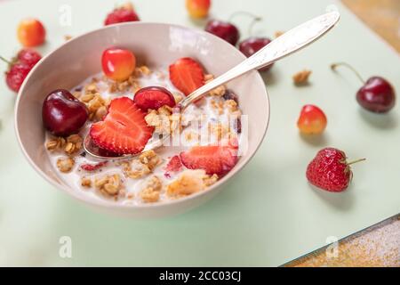 Müsli mit frischen Früchten und Joghurt.Haferbrei mit frischen Erdbeeren und Kirschen.Naturjoghurt mit frischen Beeren und Müsli. Gesundes Dessert.gesund Stockfoto