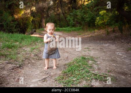 Ein Kind sammelt Müll im Wald, ein kleines Mädchen trägt eine Plastikflasche vor dem Hintergrund schöner Bäume. Das Kind fand eine Mülltonne Stockfoto