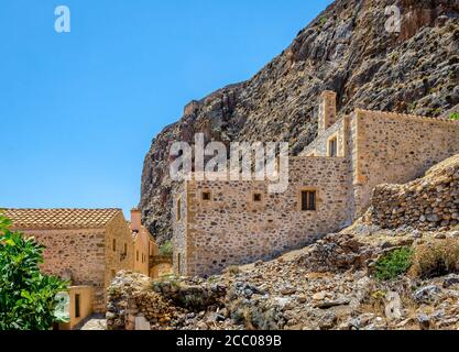 Ansicht der mittelalterlichen Stadt Monemvasia, auf Peloponnes, Griechenland. Stockfoto