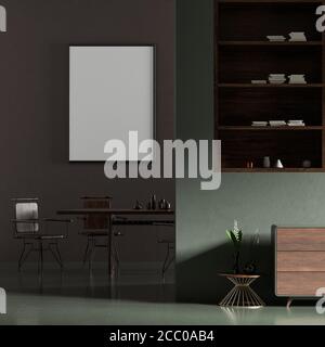 Mock up Titelbild im skandinavischen Stil Esszimmer mit Tisch und Stühlen. Minimalistische Esszimmer Design. 3D-Darstellung. Stockfoto