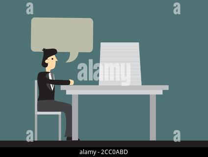 Büroangestellter mit Sprechballon sitzt vor dem Tisch mit Dokumentenstapel. Cartoon-Vektor-Illustration auf Arbeit Überlastung. Stock Vektor