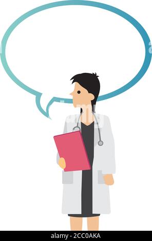 Ärztin mit einer leeren Sprechblase. Konzept des Gesundheitswesens. Isolierte Vektordarstellung. Stock Vektor