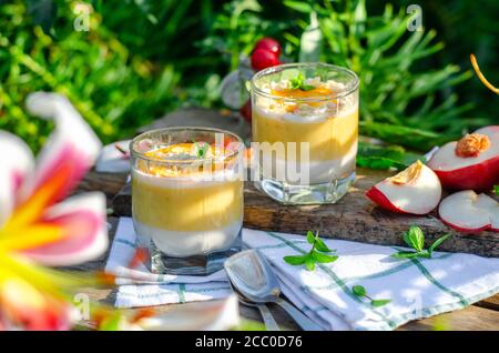 Zwei Galassen Pfirsich-Panna Cotta mit weißen und orangen Schichten. Serviert im Freien auf Holzhintergrund mit Minze und Kirsche. Stockfoto
