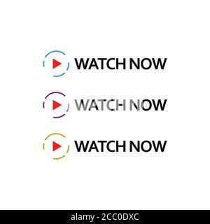Sehen Sie sich jetzt Button-Logo-Symbol mit Text-und Video-Wiedergabe Symbol in verschiedenen Farben Vektor-Illustrationen Stock Vektor