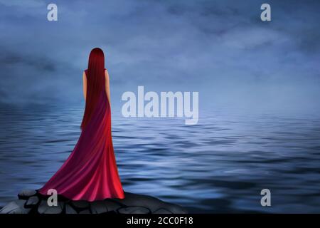 Schönes Mädchen in einem langen roten Kleid steht am Fluss mit Nebel. Digitale Grafiken. Ein Mädchen mit langen roten Haaren in einem schönen langen roten Kleid schaut in t Stockfoto