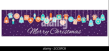 Horizontales Banner mit Weihnachts-Adventskalender mit Etiketten im Retro-Stil. Set von Winterurlaub Weihnachten Tags mit Zahlen. Vektor EPS8 Stock Vektor