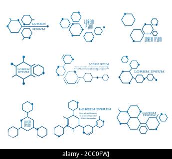 Symbolsatz für abstrakte Moleküle. Sammlung von molekularen linearen Symbolen. Liniensymbole von Molekülen festlegen. Vektorgrafik EPS8 Stock Vektor