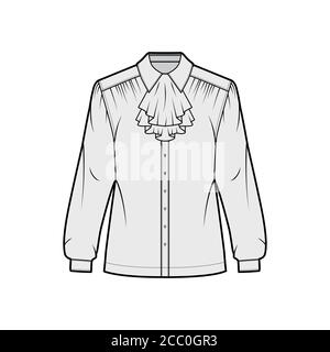 Jabot Shirt technische Mode Illustration mit langen Ärmeln mit Manschette, Rüschen entlang der klassischen Kragen, vorne Knopfverschluss. Flatwear Bluse Vorlage vorne grau Farbe. Damen Herren Unisex-Shirt Stock Vektor