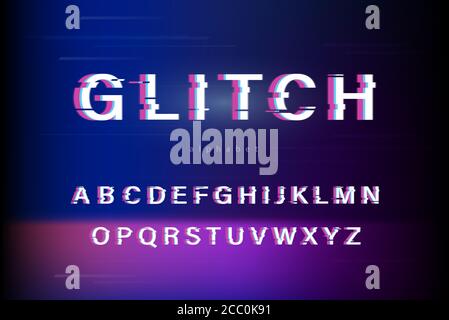 Glitch Stil Kapital später Alphabet Schriftart auf lebendige abstrakte gesetzt Dunkelblauer und violetter Hintergrund Stock Vektor