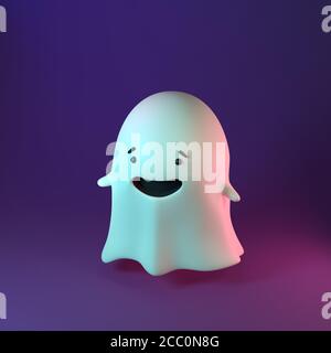 3D Render Illustration von niedlichen freundlichen Geist auf violettem Hintergrund. Happy Halloween Banner Stockfoto