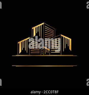 Abstraktes und luxuriöses Design-Gebäude mit Goldfarbe auf schwarzem Hintergrund. Illustration Design Gebäude in flachem Stil Zeichen Symbol. Stock Vektor